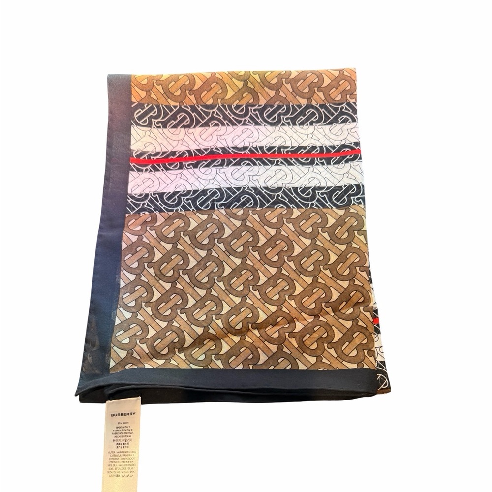 NEW Burberry TB Monogram Bridle Brown Silk Scarf - Picture 7 of 9